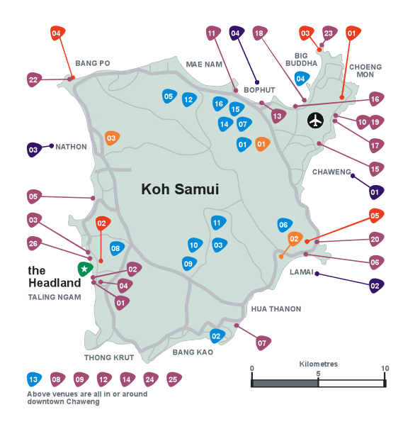 Map of Koh Samui with towns, activities and dining options
